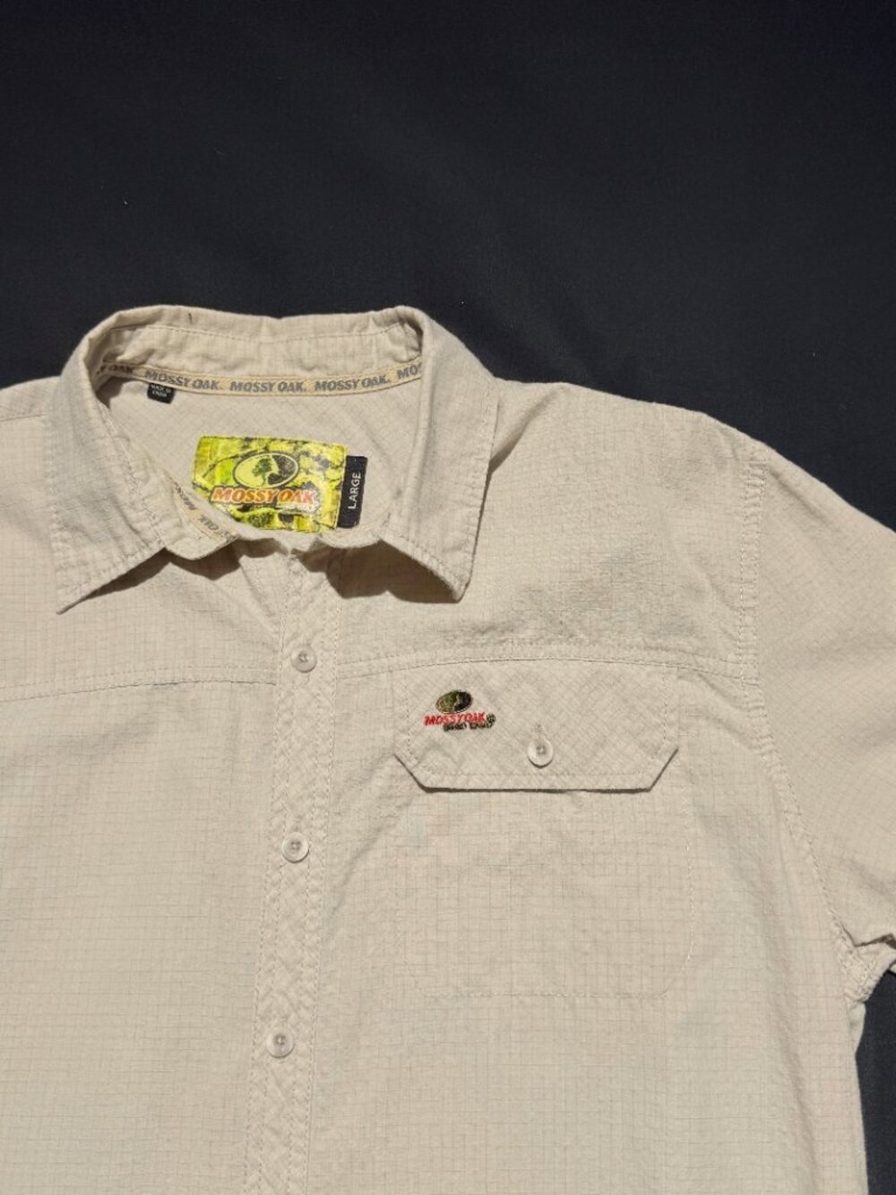 Mossy Oak Mens Shirt Large Tan Button Up Short Sleeve Rip-Stop Outdoors